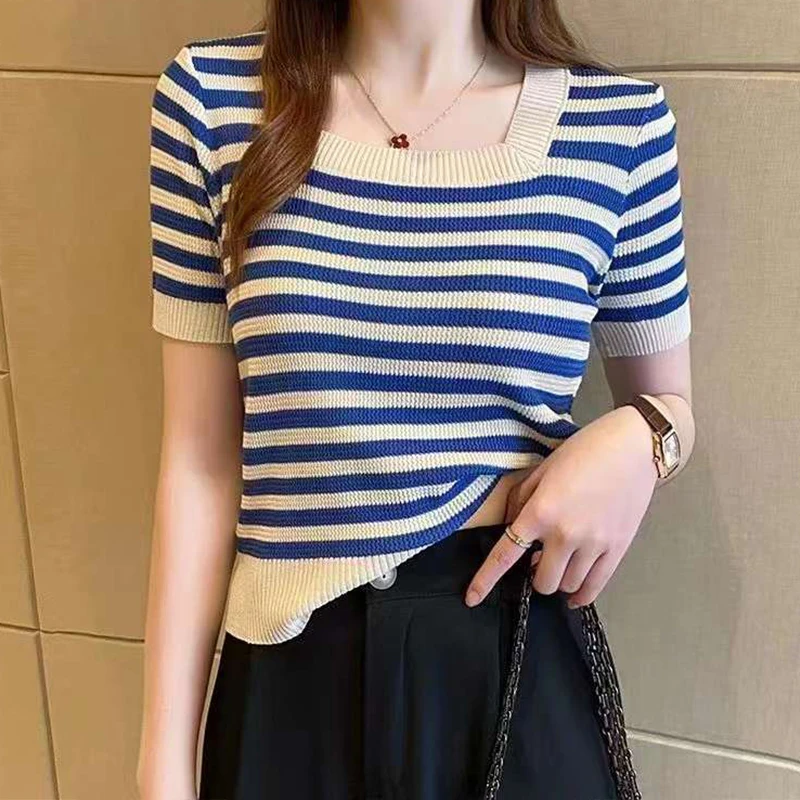 Striped T Shirts 2023 Summer Square Collar Shirts Knitted T Shirt Women Short Sleeve Top Casual Korean Womens Clothing Slim Tees
Striped T Shirts 2023 Summer Square Collar Shirts Knitted T Shirt Women Short Sleeve Top Casual Korean Womens Clothing Slim Tees