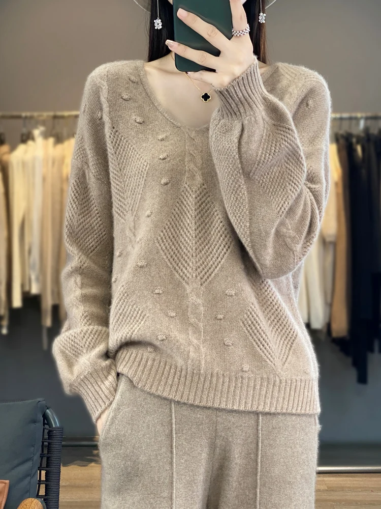 Fashion 100% Merino Wool Women Sweater Autumn Winter Ladies Knitted Pullover V-Neck Long Sleeve Clothing Tops Hollow Out Jerseys
Fashion 100% Merino Wool Women Sweater Autumn Winter Ladies Knitted Pullover V-Neck Long Sleeve Clothing Tops Hollow Out Jerseys