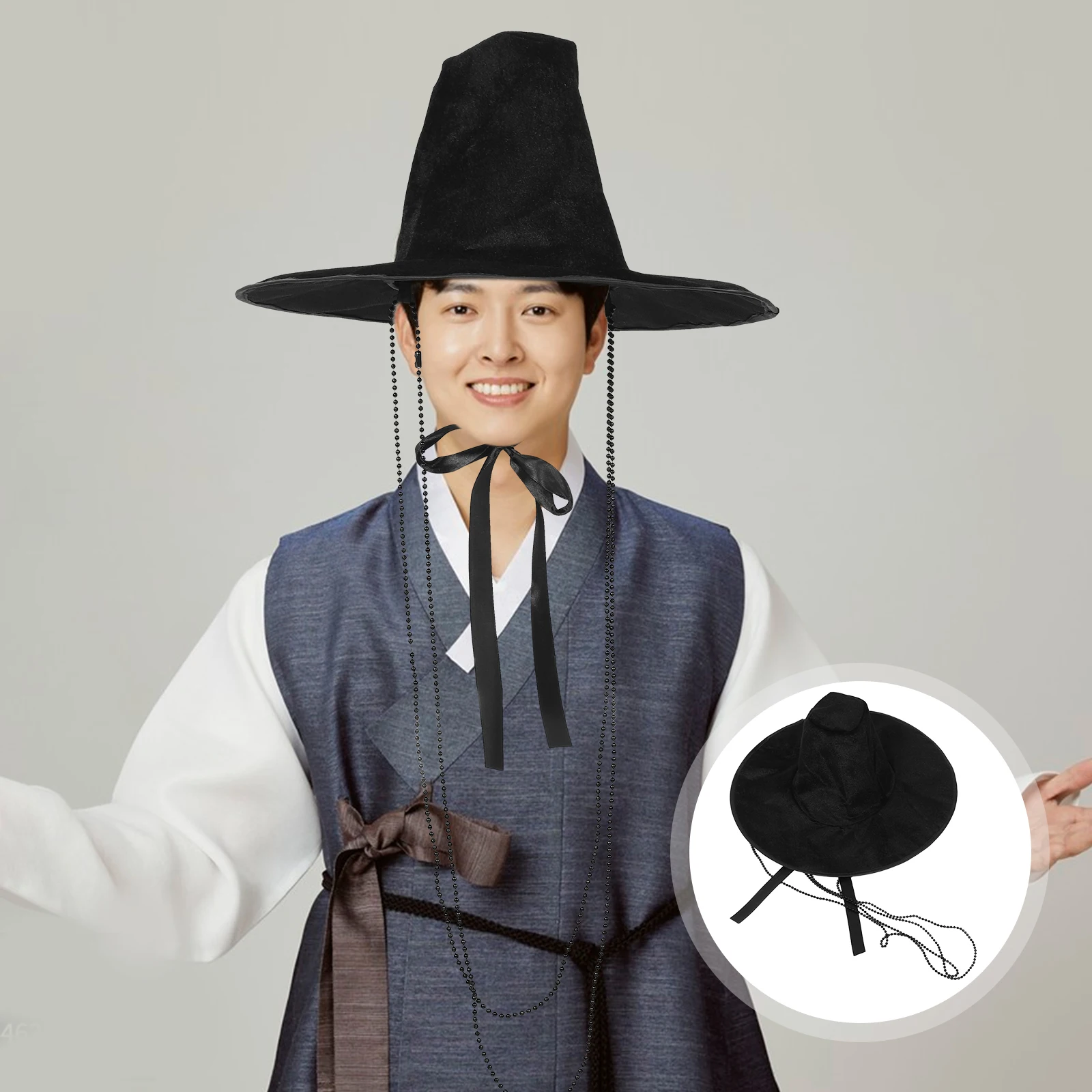 2pcs Korean Traditional Hat Adult Men Cosplay Hat With Bead Strap Black Flat Top Wide Brim Headwear Hat Halloween Party Costume
2pcs Korean Traditional Hat Adult Men Cosplay Hat With Bead Strap Black Flat Top Wide Brim Headwear Hat Halloween Party Costume