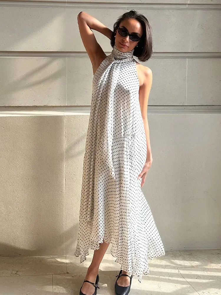 2025 New Elegant Halter Pleated Lace Up Loose Dress Chic Sleeveless Polka Dot Print Off Shoulder Maxi Vestido Lady Casual Wear
2025 New Elegant Halter Pleated Lace Up Loose Dress Chic Sleeveless Polka Dot Print Off Shoulder Maxi Vestido Lady Casual Wear