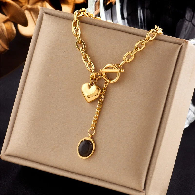 18K Gold Plated Toggle Clasp Necklace, Puffy Heart & Black Cat's Eye Lariat, Stainless Steel Edgy Statement Jewelry
18K Gold Plated Toggle Clasp Necklace, Puffy Heart & Black Cat's Eye Lariat, Stainless Steel Edgy Statement Jewelry
