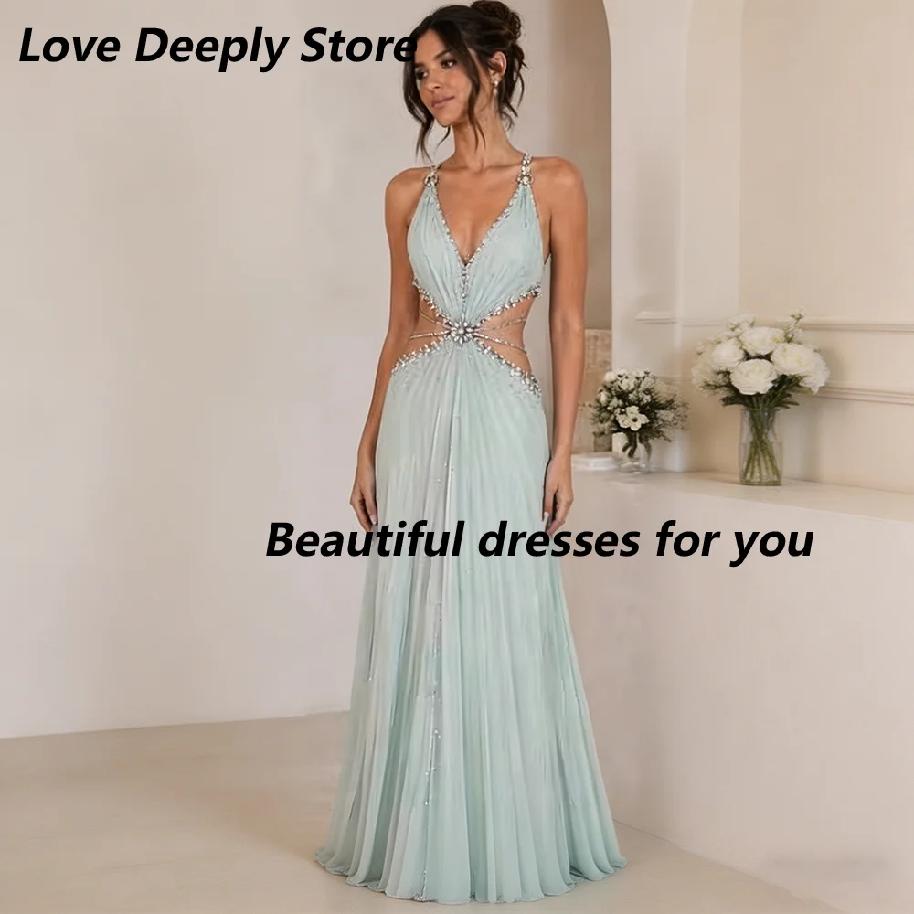 Sexy Crystal Spaghetti Strap Evening Dress Customized V-Neck Sleeveless Pleats Chiffon A Line Floor Length Formal Party Dresses
Sexy Crystal Spaghetti Strap Evening Dress Customized V-Neck Sleeveless Pleats Chiffon A Line Floor Length Formal Party Dresses