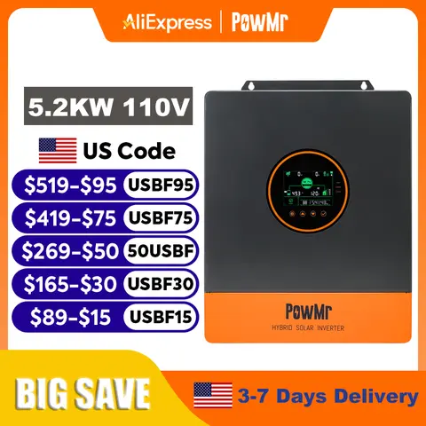 PowMr 5.2KW Split Phase Inverter 110V 48V On Grid Off Grid Pure Sine Wave Hybrid Solar Inverter with MPPT 100A Battery Charger