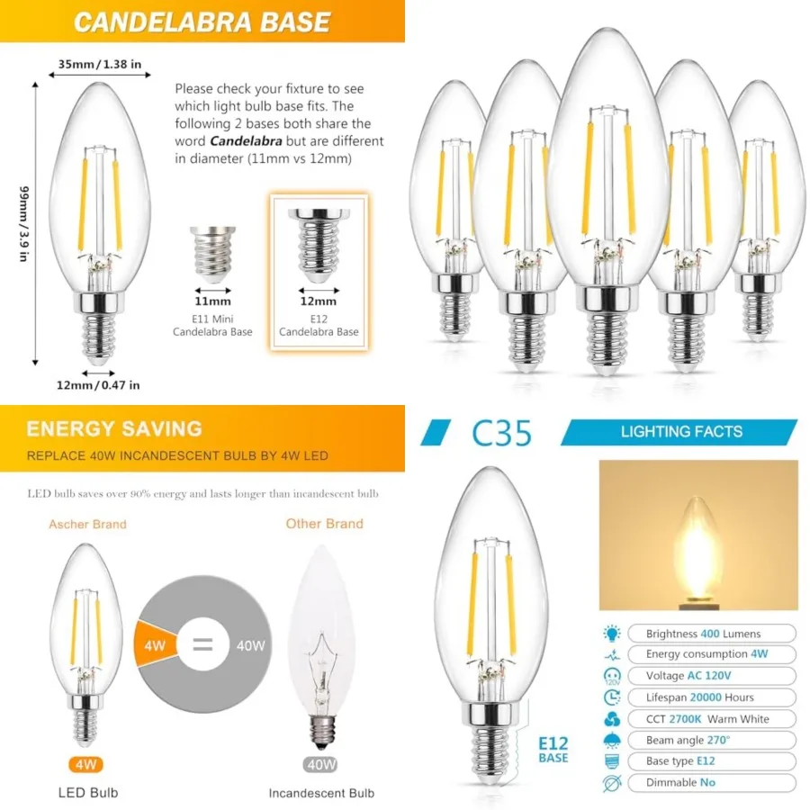 E12 LED Classic Candelabra Clear Light Bulb, 4W, Equivalent 40W, Warm White 2700K, Non-Dimmable, Filament Clear Glass, Pack of
E12 LED Classic Candelabra Clear Light Bulb, 4W, Equivalent 40W, Warm White 2700K, Non-Dimmable, Filament Clear Glass, Pack of