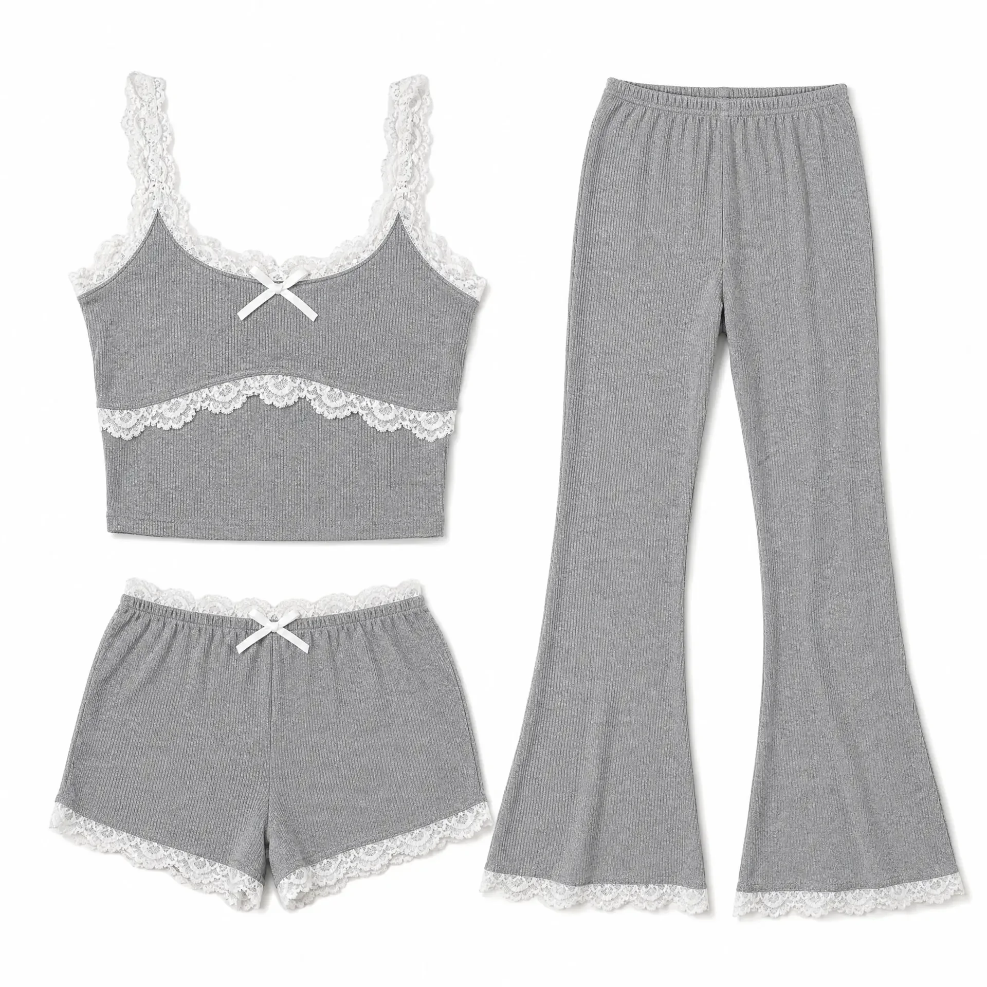 2026 Spring/Summer French-Style Girly Gray Lace Women's Pajamas, Can Be Worn Outside, Korean-Style Ins-Style Camisole Pure Desire Loungewear Three-Piece Set, Ribbed Fabric
2026 Spring/Summer French-Style Girly Gray Lace Women's Pajamas, Can Be Worn Outside, Korean-Style Ins-Style Camisole Pure Desire Loungewear Three-Piece Set, Ribbed Fabric