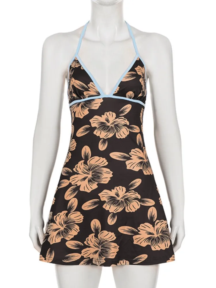 Dresses For Woman Floral V-neck Slim Vestidos Suspender Printed Lace-up Sexy Dress Contrast Leace-up Neck Halter Temperament
Dresses For Woman Floral V-neck Slim Vestidos Suspender Printed Lace-up Sexy Dress Contrast Leace-up Neck Halter Temperament