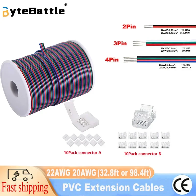22AWG 20AWG 2-pin 3-pin 4-pin PVC Extension Cables Reel (32.8ft or 100ft) with 20 Solderless Connectors
22AWG 20AWG 2-pin 3-pin 4-pin PVC Extension Cables Reel (32.8ft or 100ft) with 20 Solderless Connectors