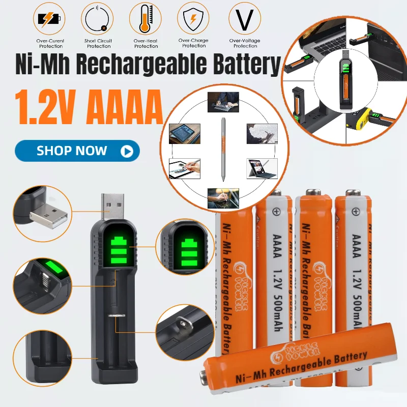 USB Charger with AAAA Ni-MH Rechargeable Batteries for Microsoft Dell Active Stylus Pen, Fast Charging Battery Kit Set
USB Charger with AAAA Ni-MH Rechargeable Batteries for Microsoft Dell Active Stylus Pen, Fast Charging Battery Kit Set