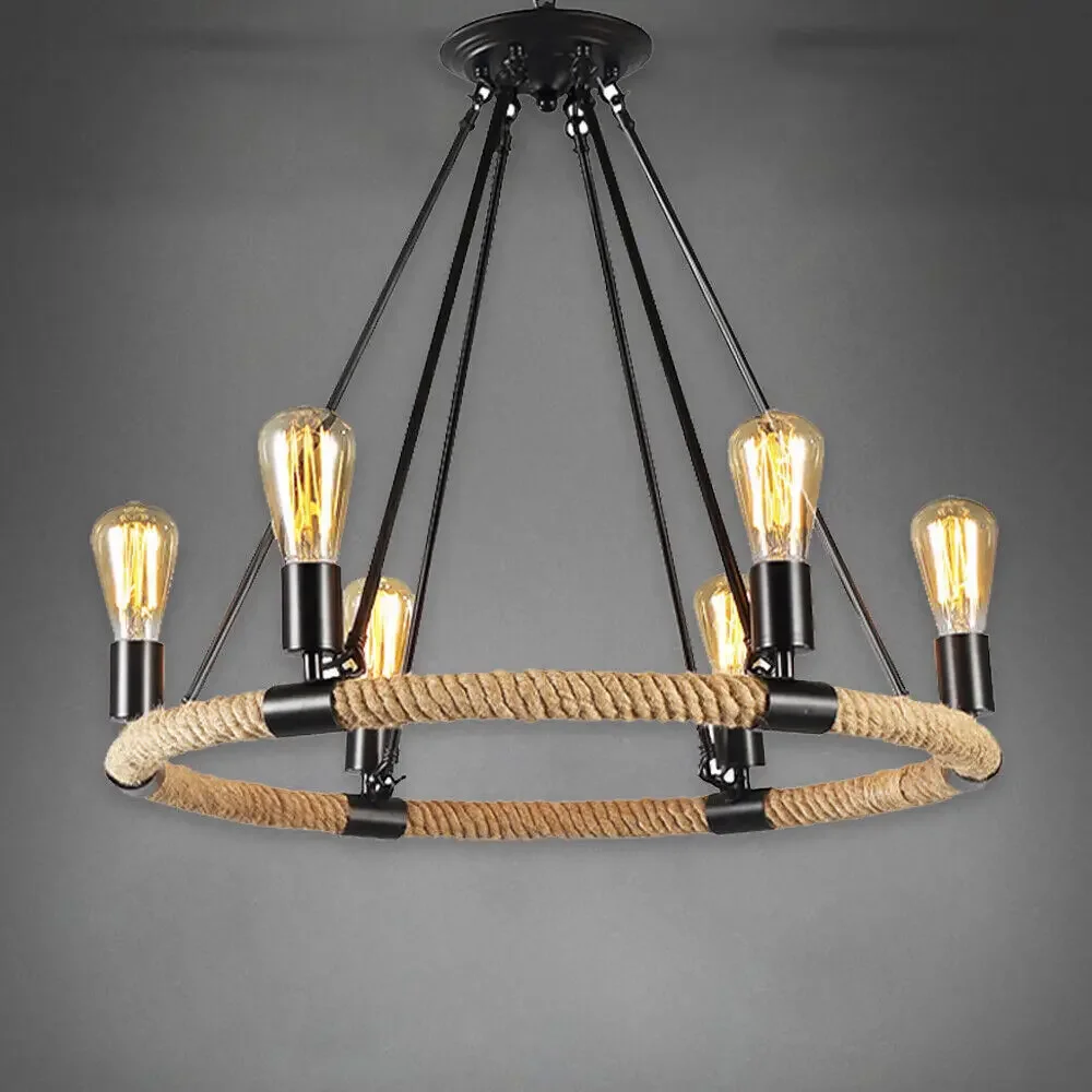 Rustic Industrial Hemp Rope Chandelier – Round Pendant Ceiling Light for Farmhouse Style 
Rustic Industrial Hemp Rope Chandelier – Round Pendant Ceiling Light for Farmhouse Style