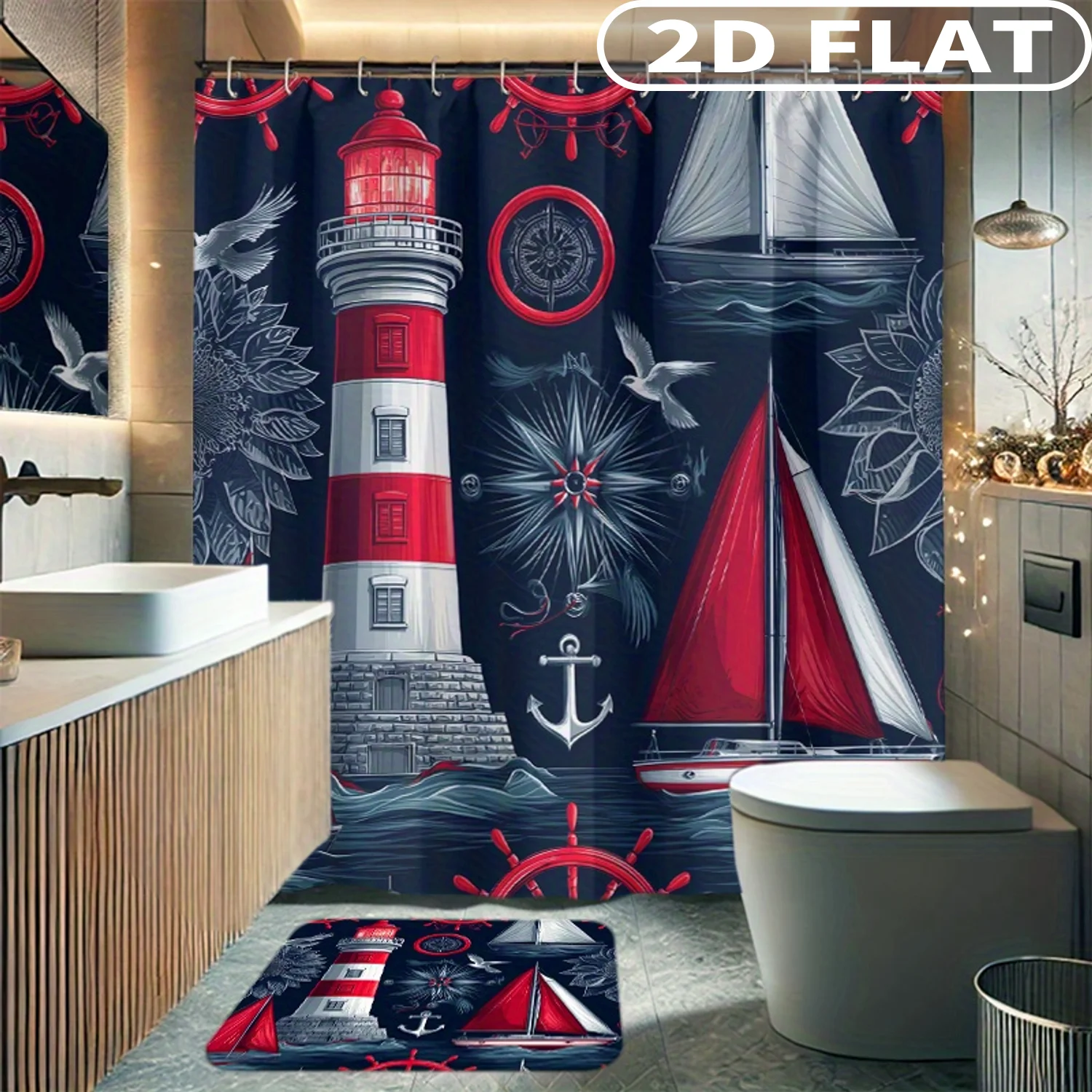 1pc/ 4pcs 2D FLAT Lighthouse Sailboat Anchor Compass Pattern Shower Curtain Set, Accessories with Bath Mat, U-shaped Mat, Toile
1pc/ 4pcs 2D FLAT Lighthouse Sailboat Anchor Compass Pattern Shower Curtain Set, Accessories with Bath Mat, U-shaped Mat, Toile