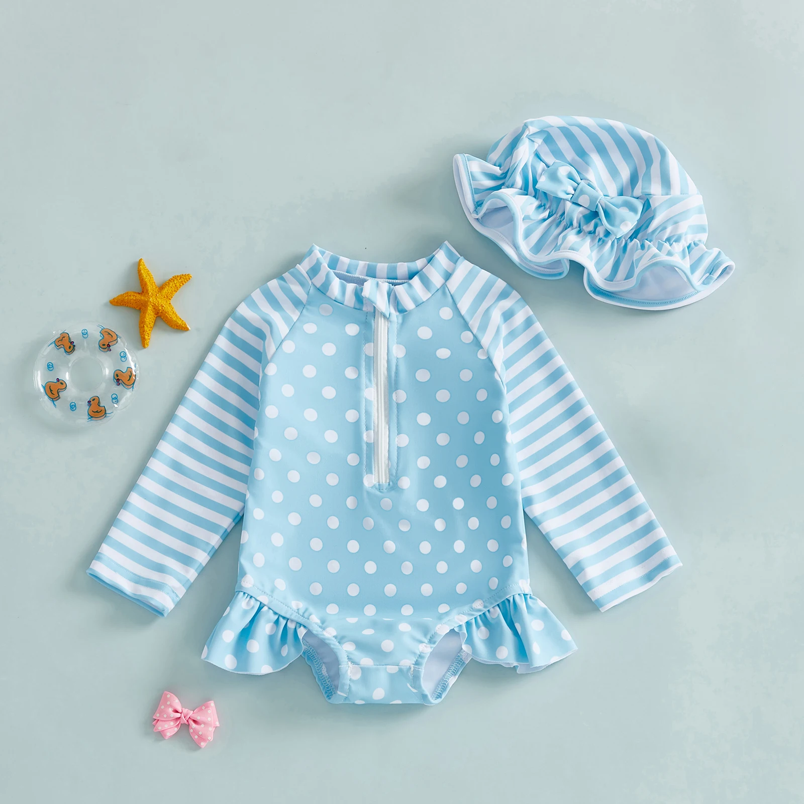 Toddler Baby Girls Rash Guard Swimsuit Cute Long Sleeve Striped Dot Print Zipper Jumpsuits with Hat 2pcs Swimwear Bathing Suits
Toddler Baby Girls Rash Guard Swimsuit Cute Long Sleeve Striped Dot Print Zipper Jumpsuits with Hat 2pcs Swimwear Bathing Suits