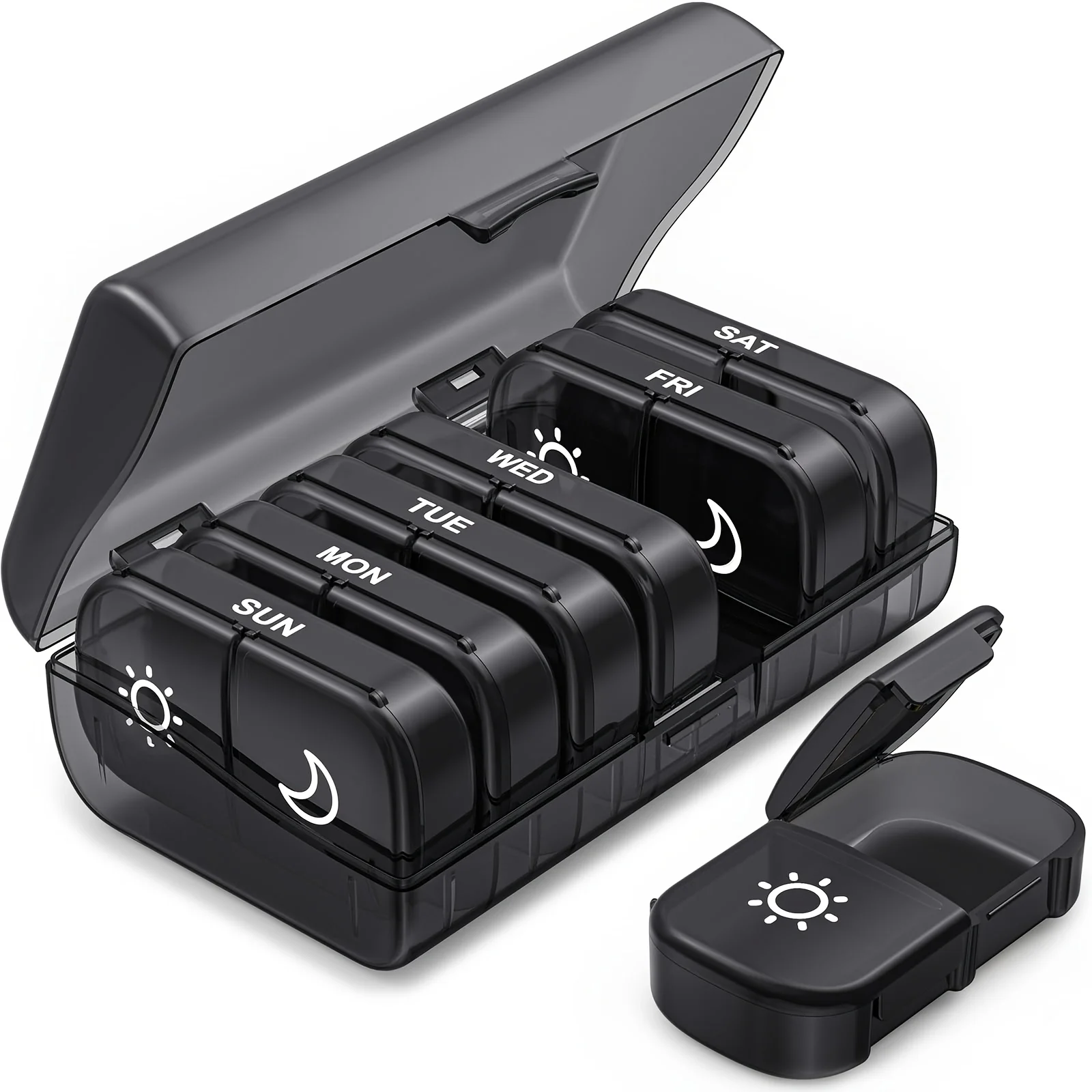 Weekly Pill Organizer 2 Times a Day, Pill Box 7 Day with One-Side Large Openings, Black Privacy Protection AM PM Pill Case
Weekly Pill Organizer 2 Times a Day, Pill Box 7 Day with One-Side Large Openings, Black Privacy Protection AM PM Pill Case