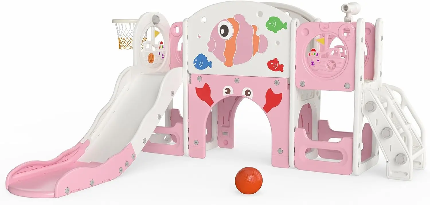 8-in-1 Toddler Slide, Outdoor Playset with Climber and Slide, Indoor Playground for Kids 1-3, Pink Fish
8-in-1 Toddler Slide, Outdoor Playset with Climber and Slide, Indoor Playground for Kids 1-3, Pink Fish