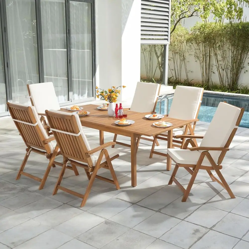 7-Piece Acacia Wood Patio Dining Set with Extendable Table and 6 Reclining Chairs, Beige
7-Piece Acacia Wood Patio Dining Set with Extendable Table and 6 Reclining Chairs, Beige
