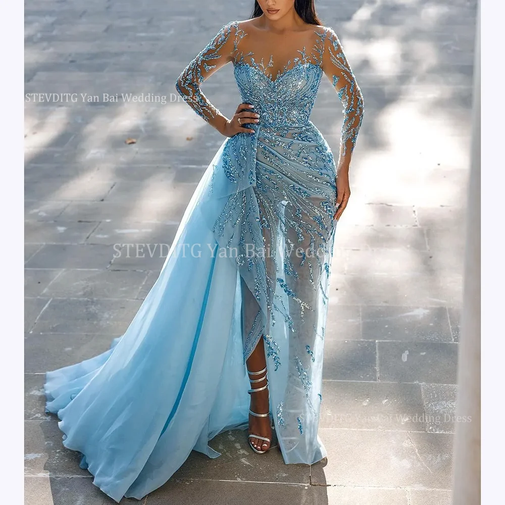 Gorgeous Blue Prom Dresses Illusion Long Sleeves Shiny Beads Sequins Pleats Dresses For special occasion Formal Party Gown
Gorgeous Blue Prom Dresses Illusion Long Sleeves Shiny Beads Sequins Pleats Dresses For special occasion Formal Party Gown