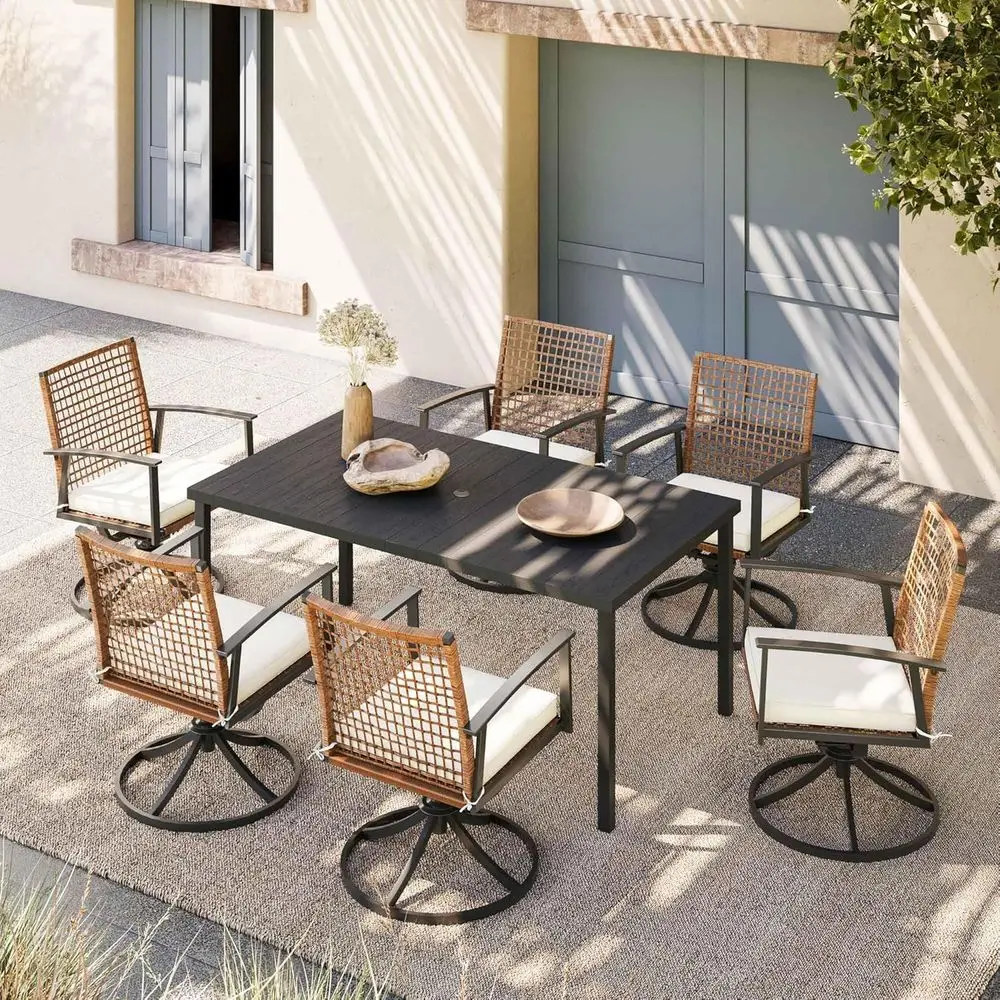 7-Piece Patio Dining Set: 6 Swivel Chairs with Cushions & Iron Slat Table with Umbrella Hole
7-Piece Patio Dining Set: 6 Swivel Chairs with Cushions & Iron Slat Table with Umbrella Hole