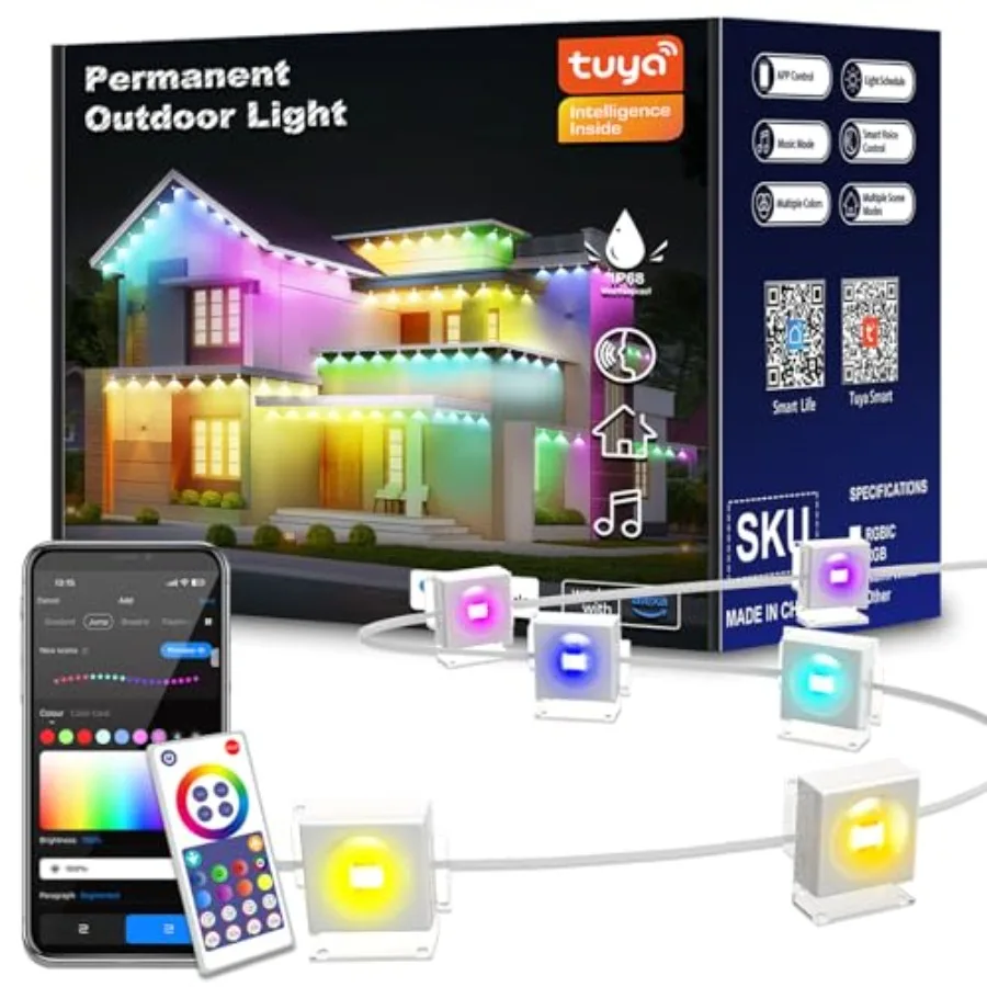 50Feet Permanent Outdoor Lights with 30 LEDs IP68 Waterproof Smart RGB+IC LED Christmas Light with 75 Scene Modes Holiday Light
50Feet Permanent Outdoor Lights with 30 LEDs IP68 Waterproof Smart RGB+IC LED Christmas Light with 75 Scene Modes Holiday Light