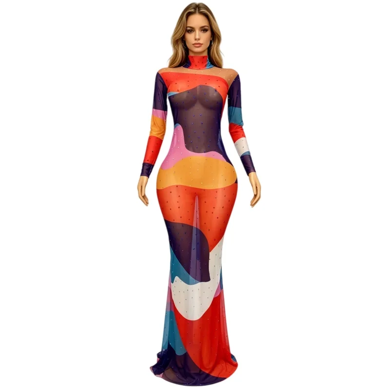 Colorful Rhinestones Printed Mesh Long Dress Women Singer Bar Nightclub Stage Wear Party Evening Celebrate Performance Costume
Colorful Rhinestones Printed Mesh Long Dress Women Singer Bar Nightclub Stage Wear Party Evening Celebrate Performance Costume