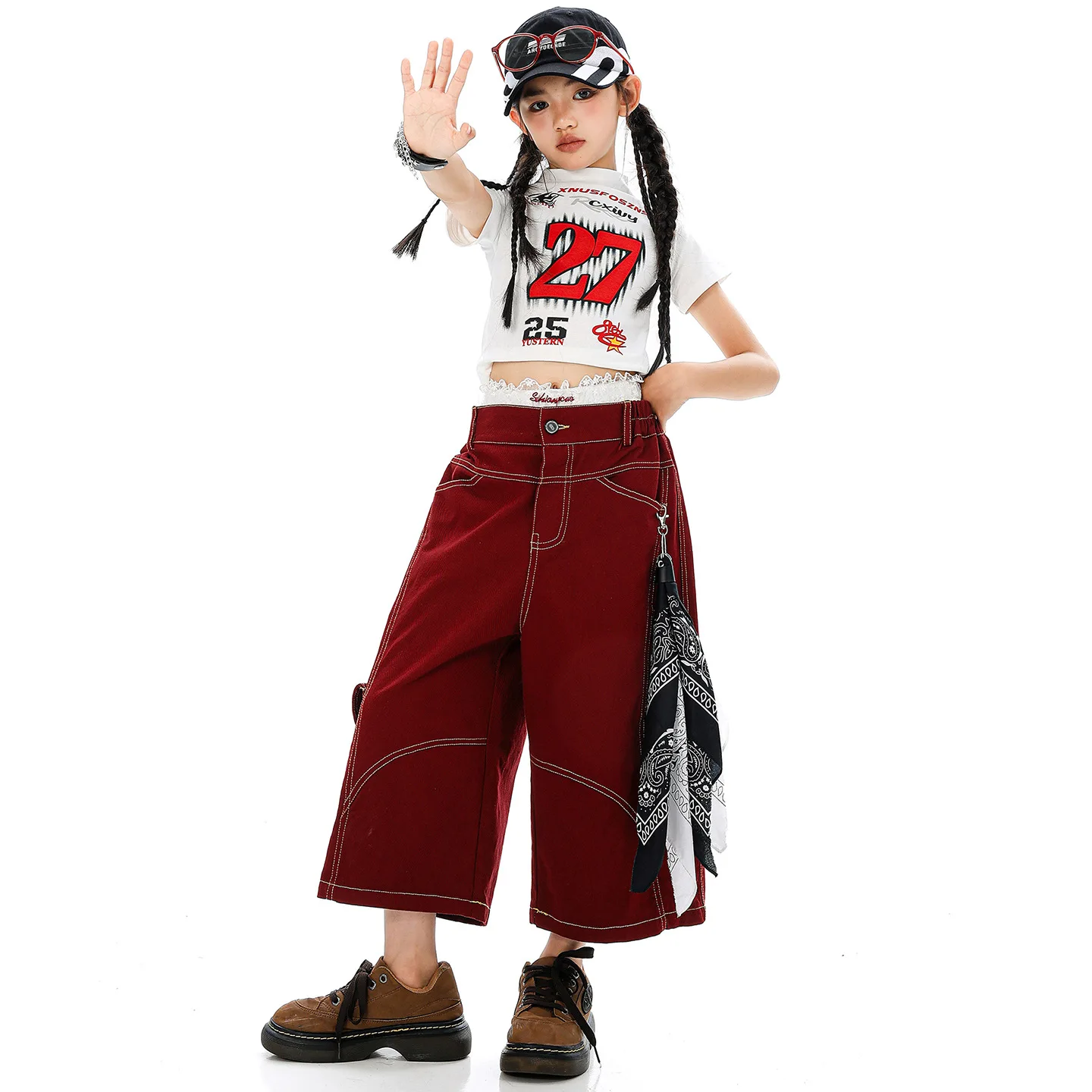 Kid Kpop Hip Hop Clothing White Mock Neck Crop T Shirt Wine Red Casual Wide Leg Capri Pants for Girl Jazz Dance Costume Clothes
Kid Kpop Hip Hop Clothing White Mock Neck Crop T Shirt Wine Red Casual Wide Leg Capri Pants for Girl Jazz Dance Costume Clothes