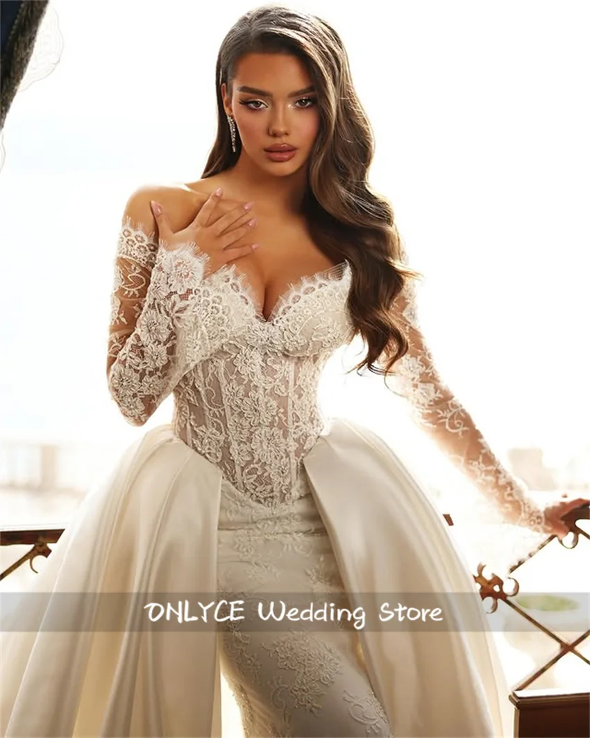 Customized V Neck Mermaid Wedding Dresses Long Sleeve Pearls Lace Detachable Overskirts robe de mariée Bridal Gowns
Customized V Neck Mermaid Wedding Dresses Long Sleeve Pearls Lace Detachable Overskirts robe de mariée Bridal Gowns