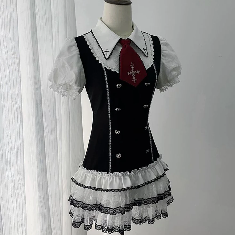 Y2K Gothic Lolita Dress Japanese Women's Sweet Lace Tie Short Sleeve Button Shirt Dress Women's Cute Party Mini Summer Dress
Y2K Gothic Lolita Dress Japanese Women's Sweet Lace Tie Short Sleeve Button Shirt Dress Women's Cute Party Mini Summer Dress