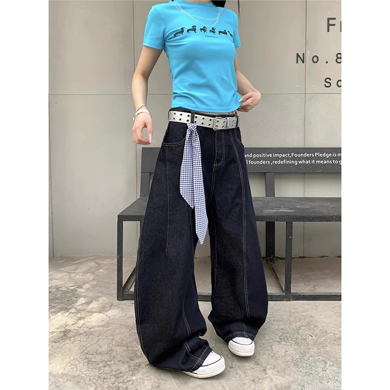 Женские винтажные синие мешковатые джинсы с высокой талией, простые летние классические джинсовые брюки Y2K, уличная одежда, широкие брюки в американском стиле ретро 
Женские винтажные синие мешковатые джинсы с высокой талией, простые летние классические джинсовые брюки Y2K, уличная одежда, широкие брюки в американском стиле ретро