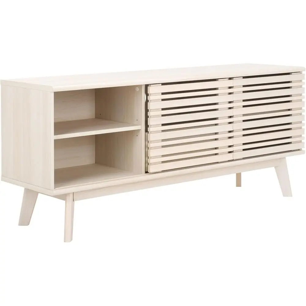 60 White TV Stand with Sliding Doors, Open Shelf, and Drawer for Media Storage
60 White TV Stand with Sliding Doors, Open Shelf, and Drawer for Media Storage
