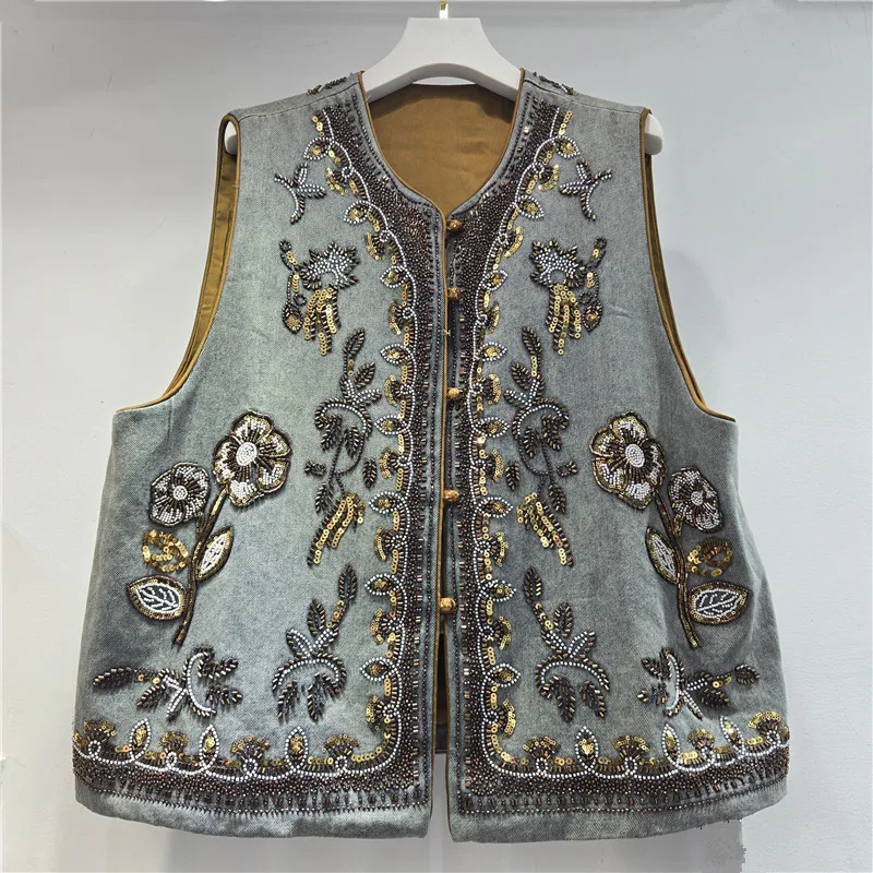 Denim Vest Women Vintage Sleeveless Jacket Sequins Beading Coat Round Collar Single Breasted Waistcoat Summer 2026 Streetwear
Denim Vest Women Vintage Sleeveless Jacket Sequins Beading Coat Round Collar Single Breasted Waistcoat Summer 2026 Streetwear