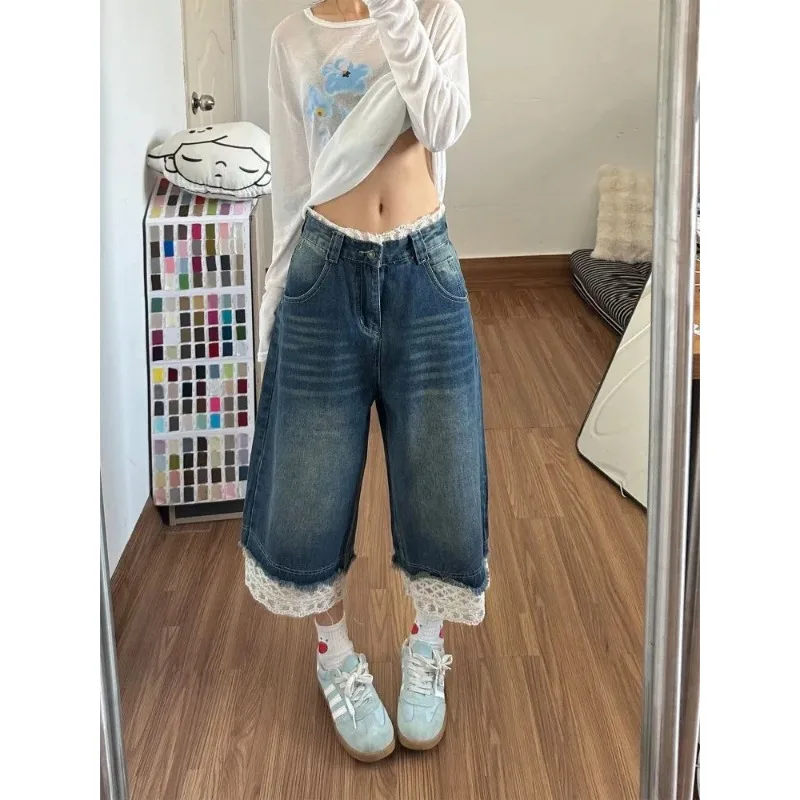 Womens Vintage Lace Trim Patchwork Denim Culottes Summer High Waist Loose Wide Leg Jeans
Womens Vintage Lace Trim Patchwork Denim Culottes Summer High Waist Loose Wide Leg Jeans