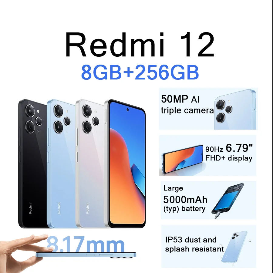 Redmi 12 Dual SIM Unlocked Android Phone 6.79" FHD+ 90Hz 50MP AI Triple Cam 5000mAh Battery IP53 Dust & Splash Proof
Redmi 12 Dual SIM Unlocked Android Phone 6.79" FHD+ 90Hz 50MP AI Triple Cam 5000mAh Battery IP53 Dust & Splash Proof