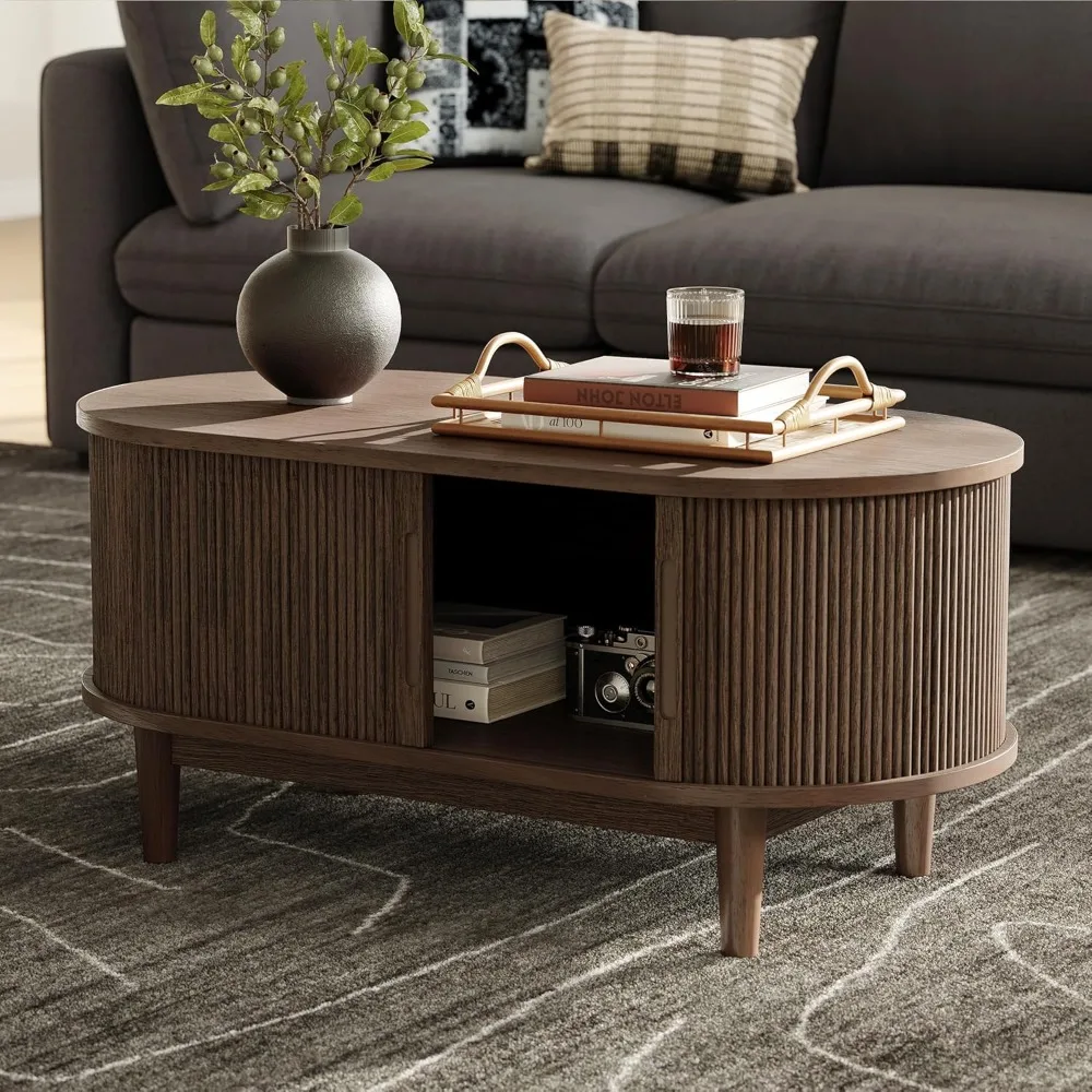 Modern Coffee Table with Sliding Tambour Door, Fluted Accent Center Table with Storage, Oval Small Coffee Table
Modern Coffee Table with Sliding Tambour Door, Fluted Accent Center Table with Storage, Oval Small Coffee Table