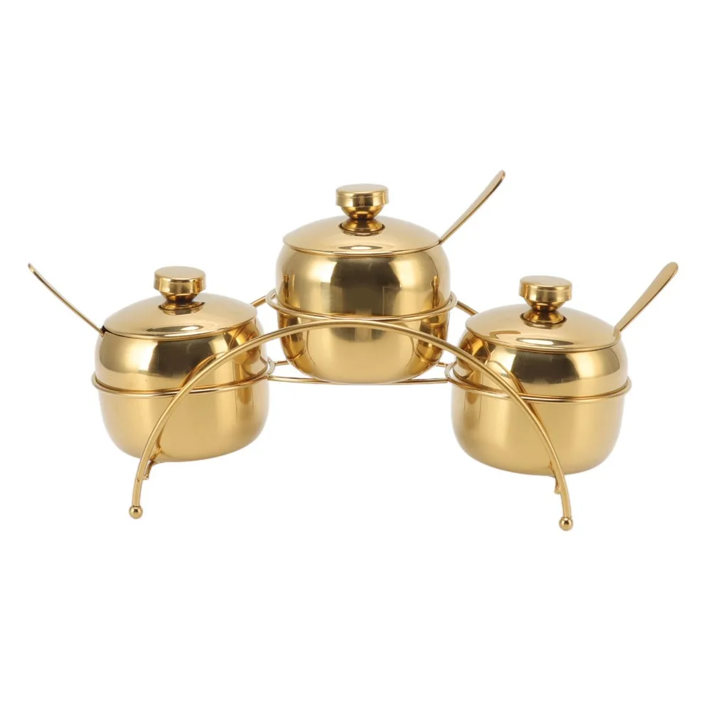 1 Set 304 Stainless Steel Seasoning Containers Set with Storage Rack with Lid Spoon Condiment Pots Decorative Durable