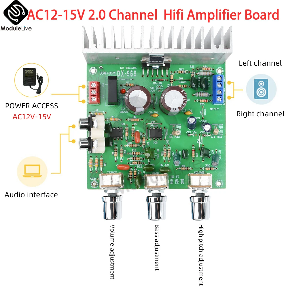 AC 12-15V Dual Channel 2.0 Channel TDA7265 High Fidelity Hifi Amplifier Board 4558 Preamplifier Amplifier Module 40W+40W
AC 12-15V Dual Channel 2.0 Channel TDA7265 High Fidelity Hifi Amplifier Board 4558 Preamplifier Amplifier Module 40W+40W