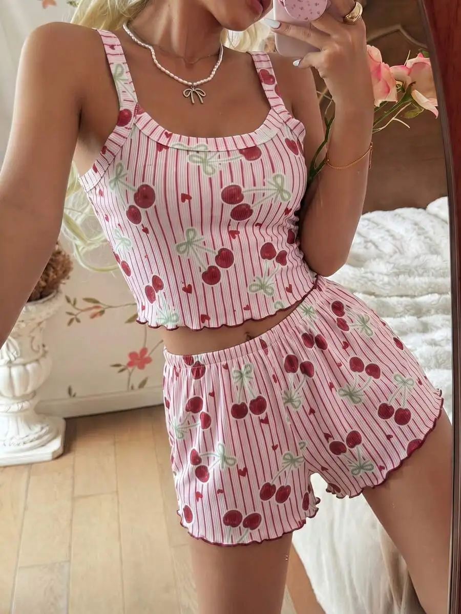 Romantic Striped Cherry Print Camisole And Shorts Pajama Set For Women
Romantic Striped Cherry Print Camisole And Shorts Pajama Set For Women