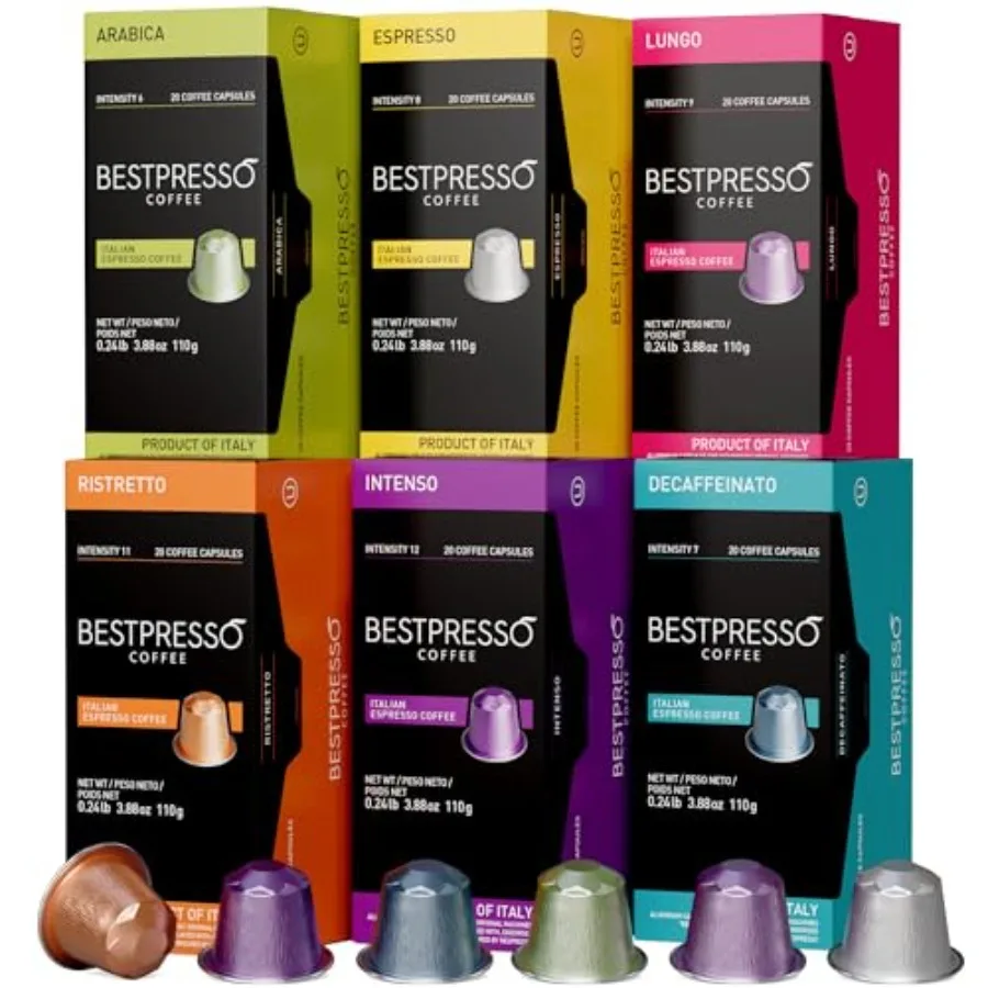 Bestpresso Coffee for Nespresso Original Machine 120 pods Certified Genuine Espresso Variety Pack includes one pack of decaf co
Bestpresso Coffee for Nespresso Original Machine 120 pods Certified Genuine Espresso Variety Pack includes one pack of decaf co