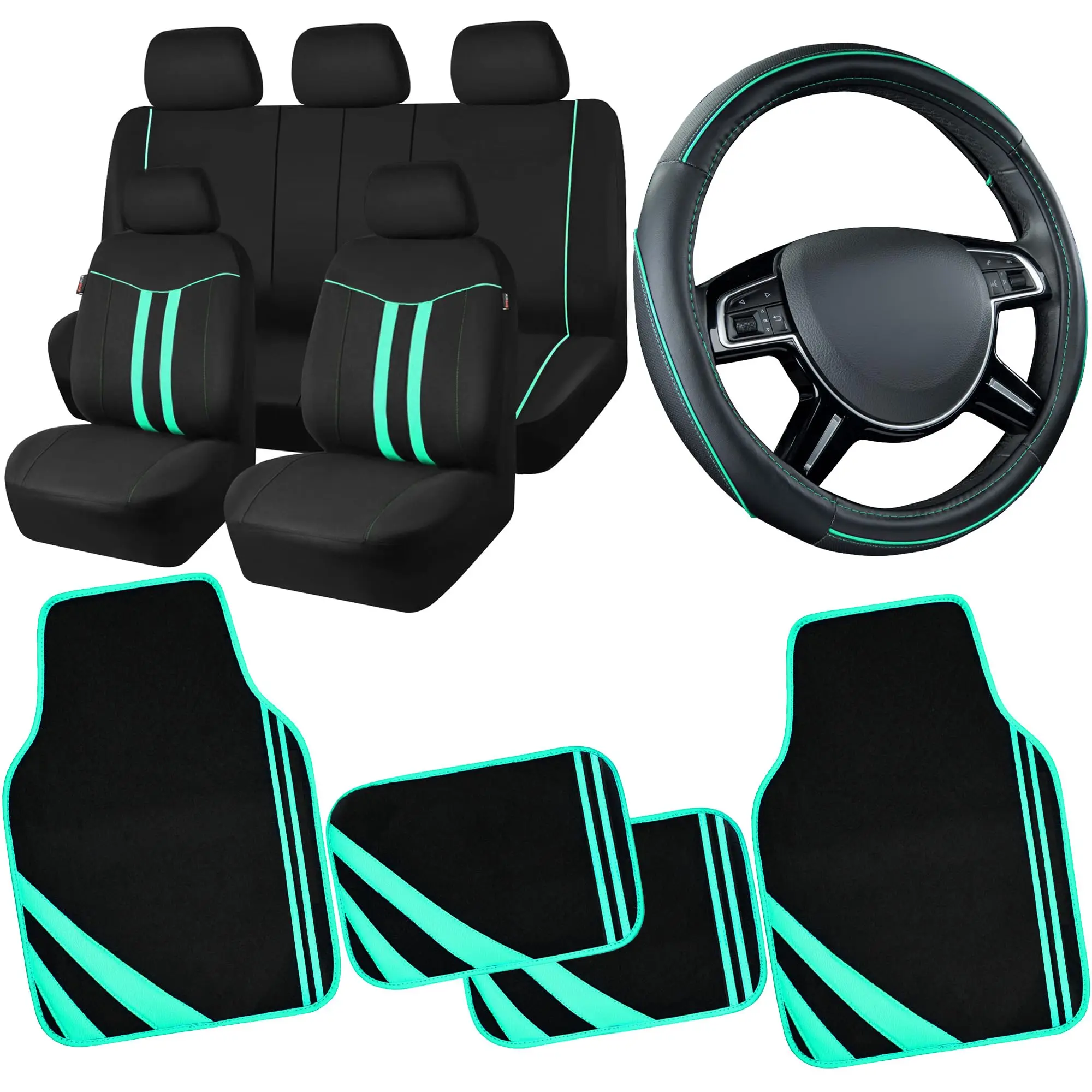 Black And Mint Green Car Interior Kit: Universal Seat Covers, Steering Wheel Cover, And Floor Mats With Contrast Stitching
Black And Mint Green Car Interior Kit: Universal Seat Covers, Steering Wheel Cover, And Floor Mats With Contrast Stitching