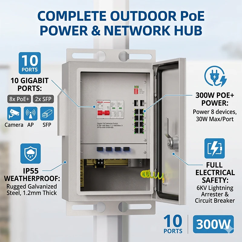 KeepLiNK Outdoor IP55 Industrial PoE Switch Box 8 Gigabit Port 2 SFP 300W Power Lightning Protection Wall Pole Mount
KeepLiNK Outdoor IP55 Industrial PoE Switch Box 8 Gigabit Port 2 SFP 300W Power Lightning Protection Wall Pole Mount