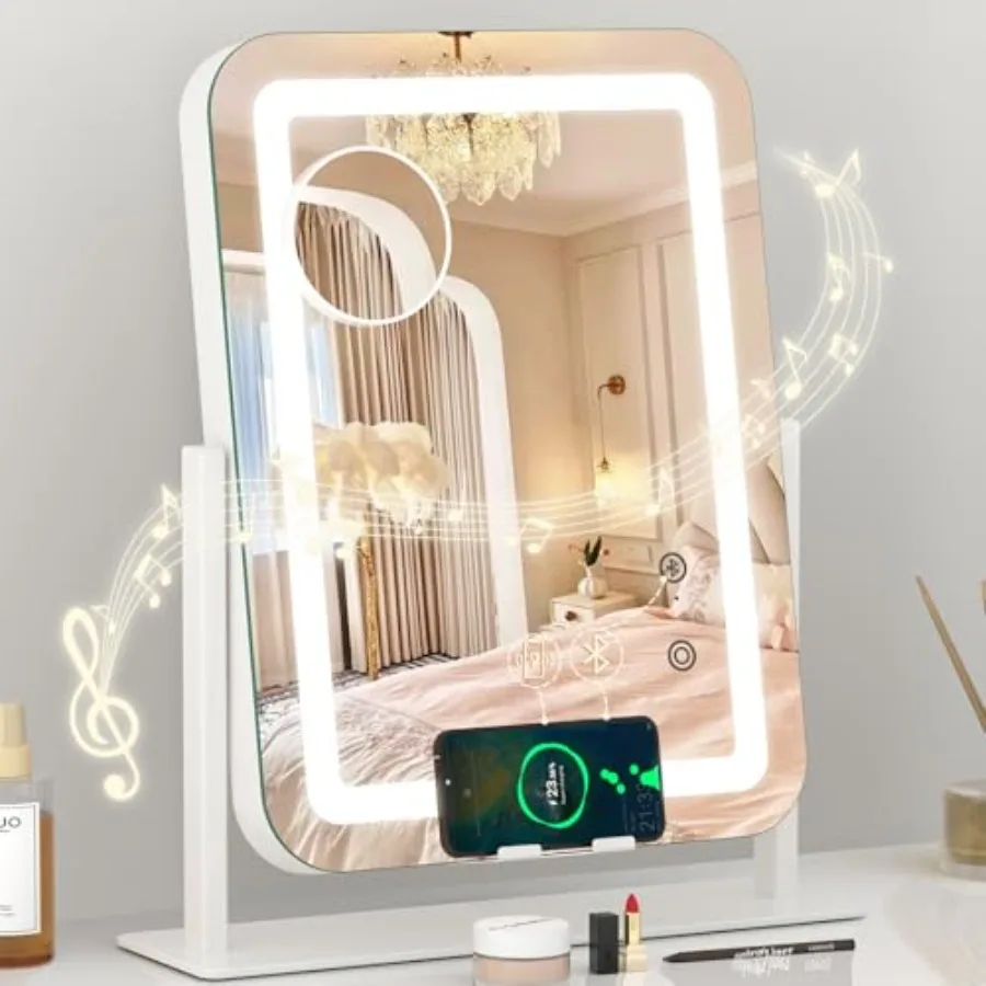 5-in-1 Lighted Vanity Mirror with Bluetooth Speaker and, 15"x12" LED Makeup Mirror with Lights 3 Colors Dimmable, Phone Holder
5-in-1 Lighted Vanity Mirror with Bluetooth Speaker and, 15"x12" LED Makeup Mirror with Lights 3 Colors Dimmable, Phone Holder
