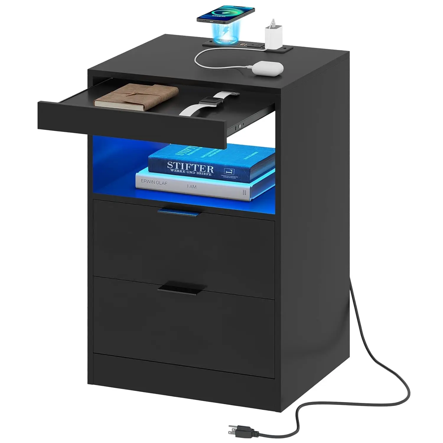 Black Nightstand With Wireless Charging Station And LED Lights, Bedside Table With 2 Drawers, Open Storage, 1, Customized
Black Nightstand With Wireless Charging Station And LED Lights, Bedside Table With 2 Drawers, Open Storage, 1, Customized