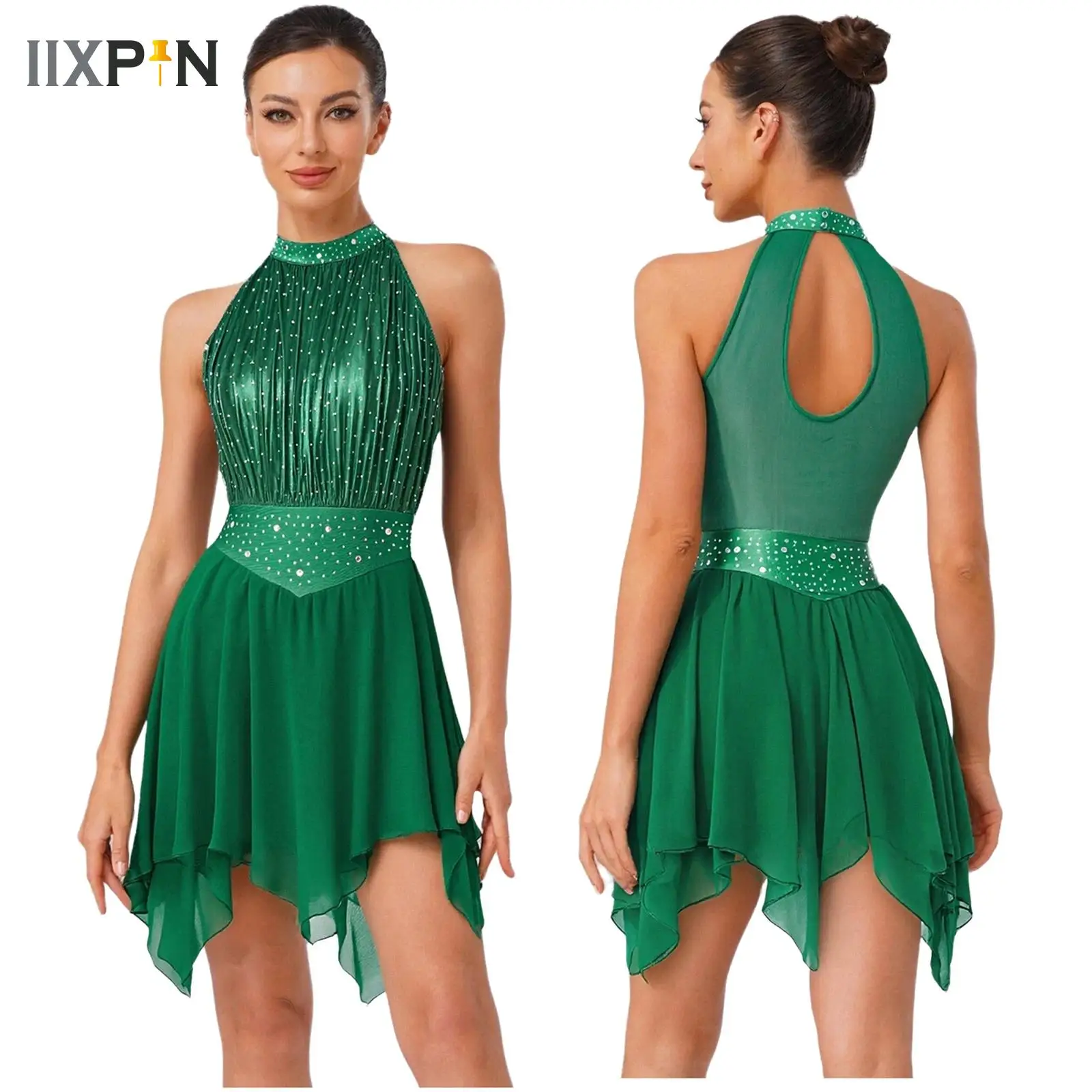 Womens Lyrical Dance Dress Ruched Metallic Mesh Rhinestone Irregular Leotard Dress for Figure Skating Modern Dance Performance
Womens Lyrical Dance Dress Ruched Metallic Mesh Rhinestone Irregular Leotard Dress for Figure Skating Modern Dance Performance