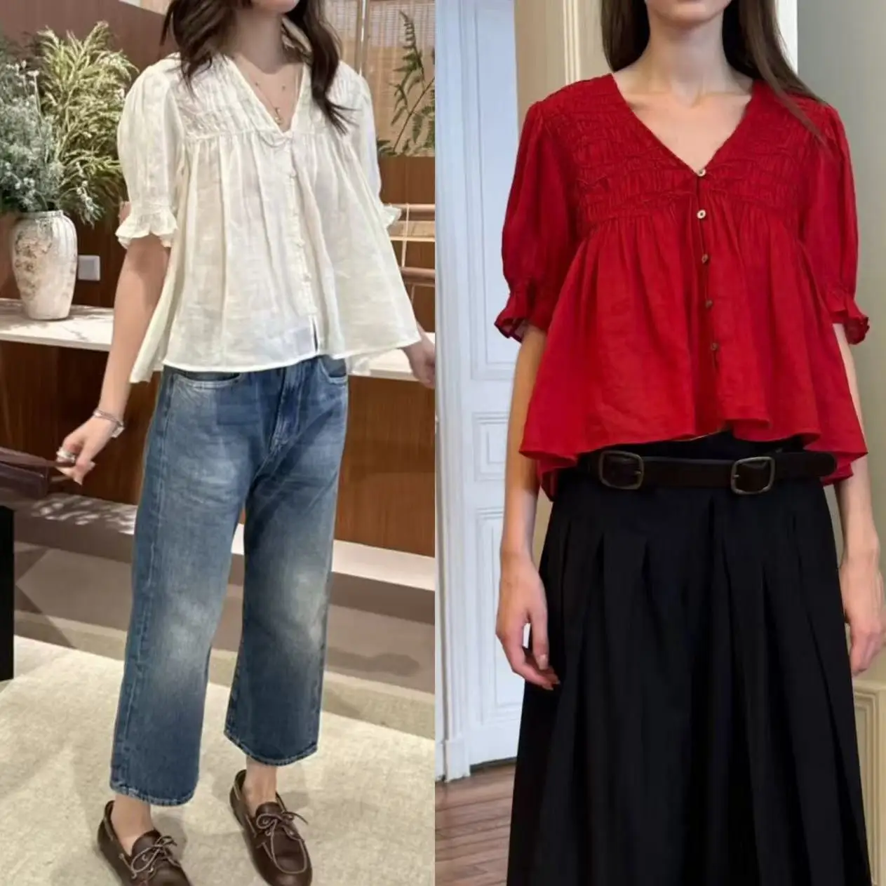 Spring 2026 New Style Women's Shirt Bubble Sleeve V-Neck Button-Up Pleated Short Sleeve French Style Loose Fit Lightweight Linen
Spring 2026 New Style Women's Shirt Bubble Sleeve V-Neck Button-Up Pleated Short Sleeve French Style Loose Fit Lightweight Linen