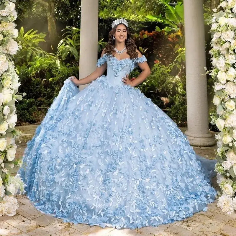 Sky Blue Quinceanera Dresses Ball Gown Off The Shoulder 3D Flower Lace Applique Beaded Crystal Tull Corset Sweet 16 Vestidos De
Sky Blue Quinceanera Dresses Ball Gown Off The Shoulder 3D Flower Lace Applique Beaded Crystal Tull Corset Sweet 16 Vestidos De