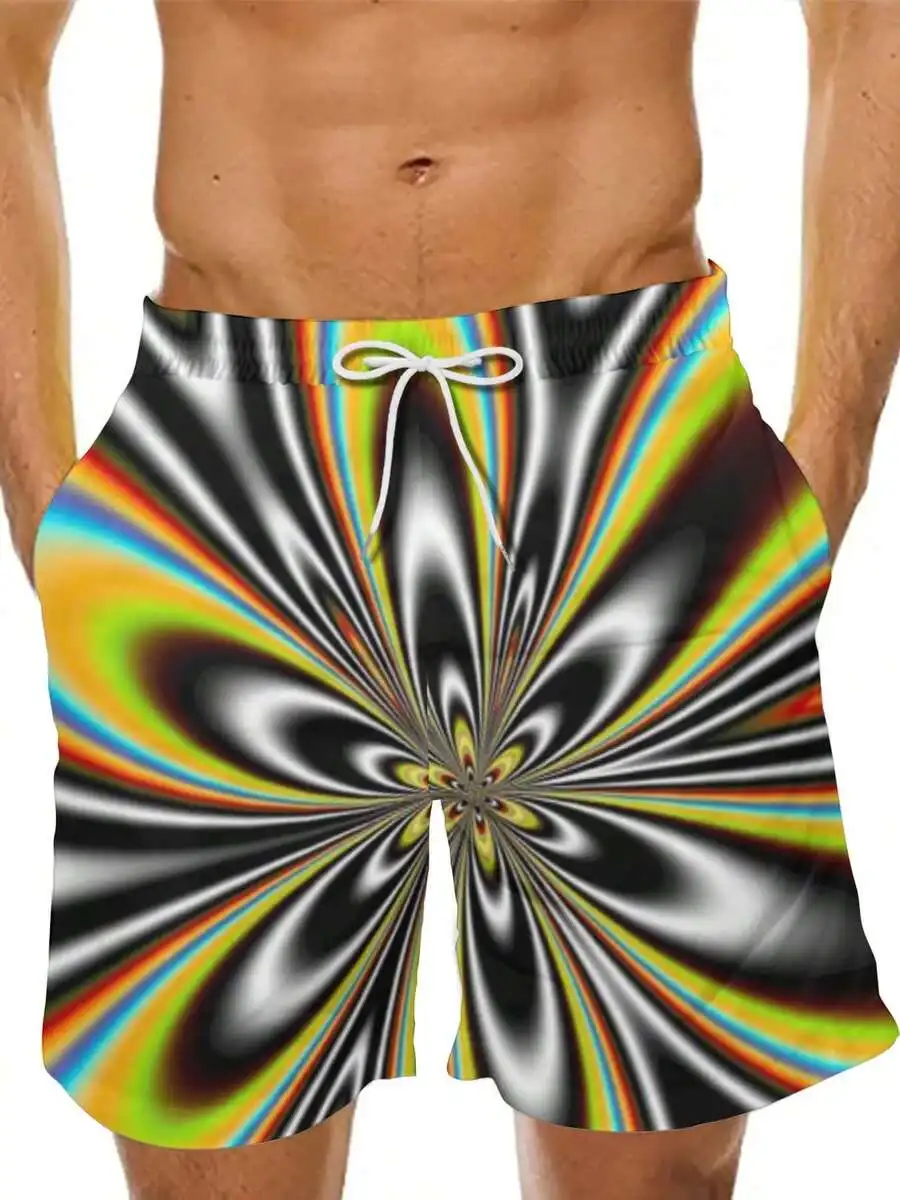 Mens Psychedelic Print Beach Shorts With Drawstring Waist And Side Pockets
Mens Psychedelic Print Beach Shorts With Drawstring Waist And Side Pockets