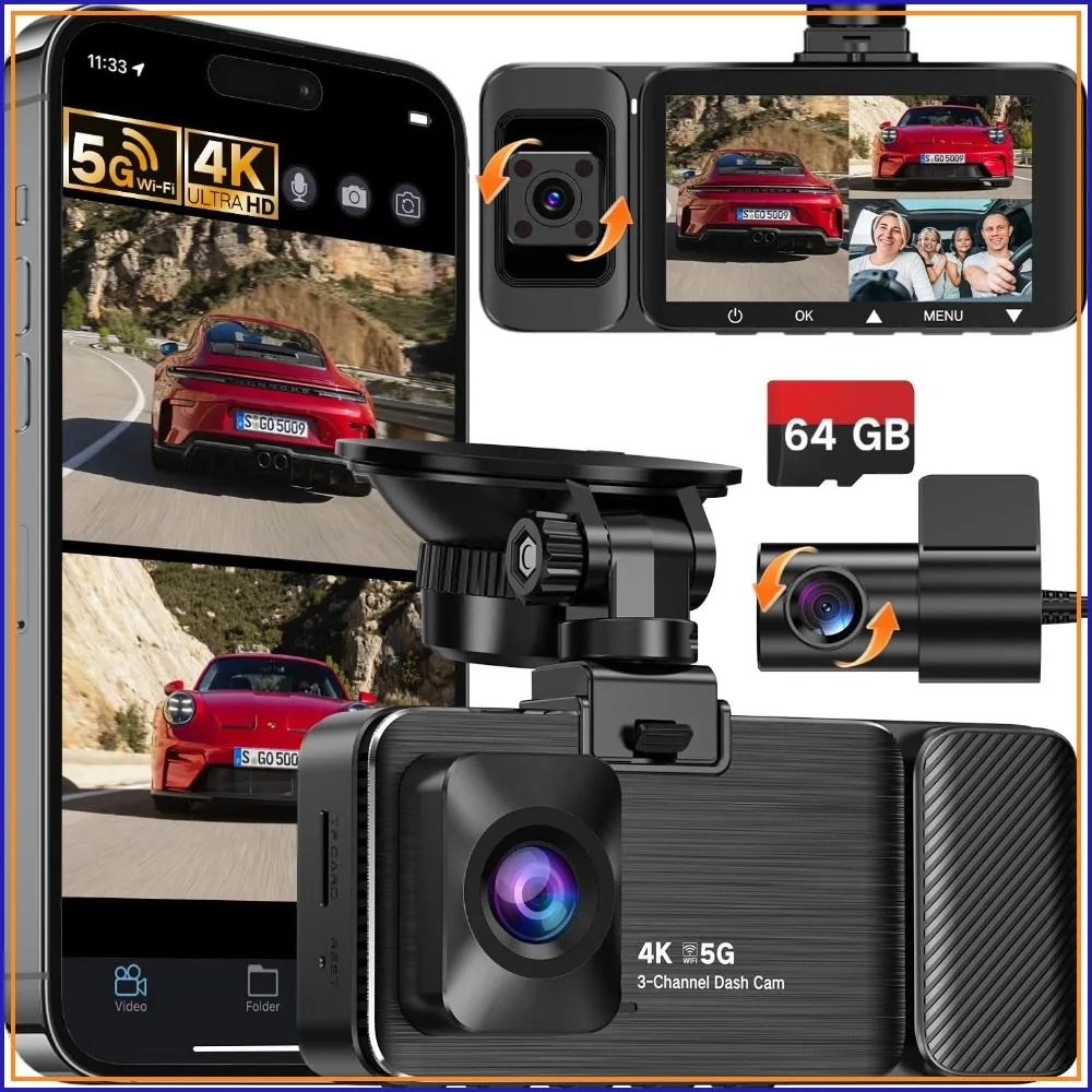 4K UHD 3 Channel Dash Cam, Free 64GB Card, 360° Full-View, Night Vision, Parking Mode, G-Sensor, 5GHz WiFi
4K UHD 3 Channel Dash Cam, Free 64GB Card, 360° Full-View, Night Vision, Parking Mode, G-Sensor, 5GHz WiFi
