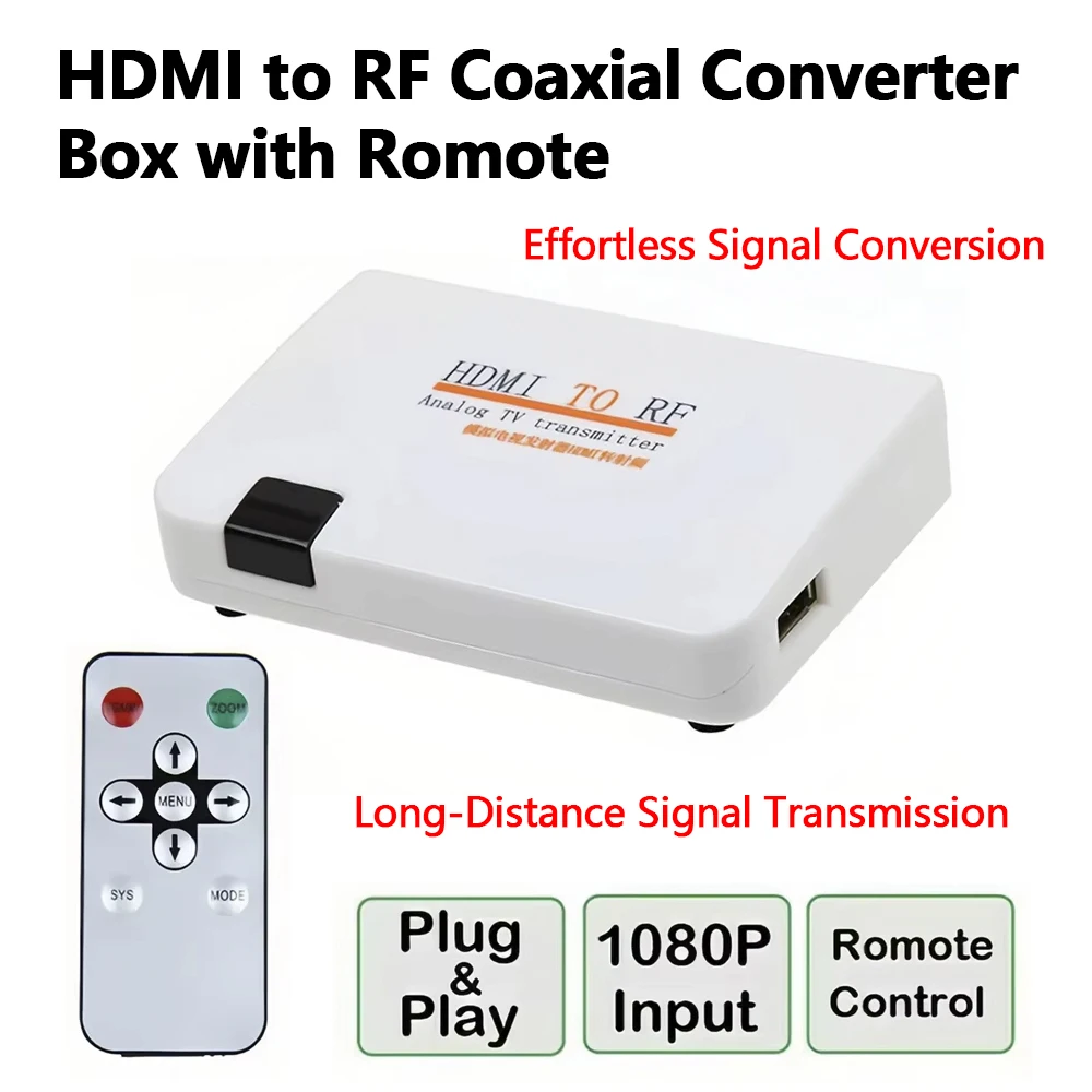 HDMI to RF Digital to Analog Signal Converter with Remote Control TV Transmitter for Old CRT TV Projector HD to RF Adapter
HDMI to RF Digital to Analog Signal Converter with Remote Control TV Transmitter for Old CRT TV Projector HD to RF Adapter