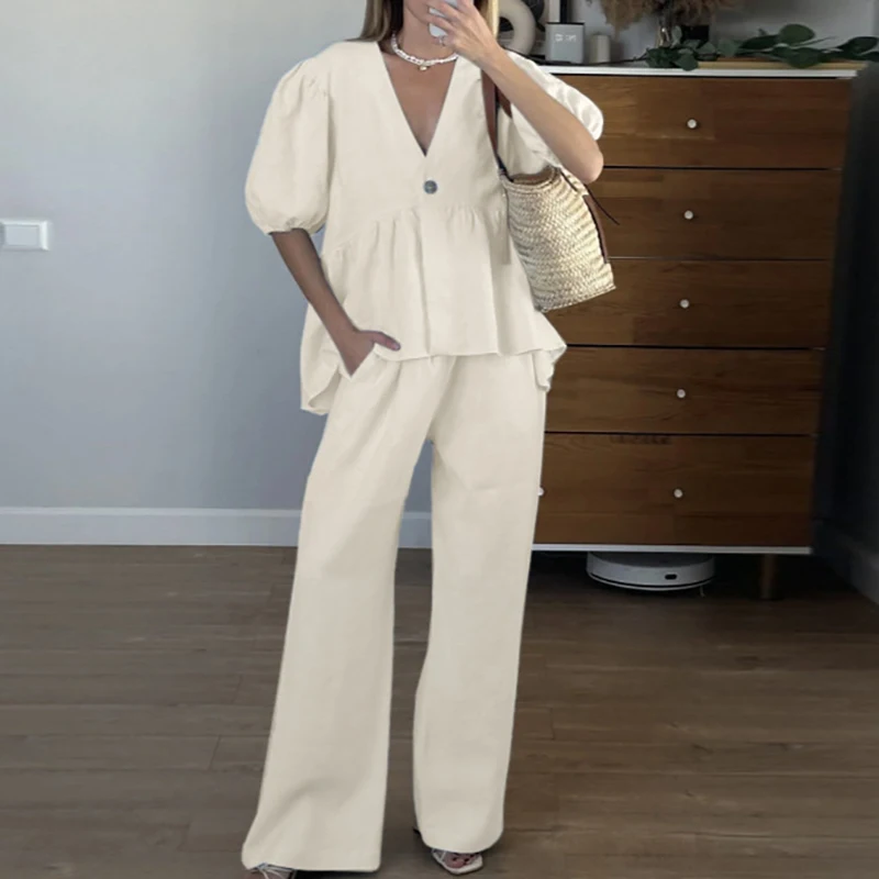 Fashion Casual Vacation 2pc Set Elegant Straight Pants Outfits Spring Summer New Puff Short Sleeve Solid Tops&Wide Leg Pants Set
Fashion Casual Vacation 2pc Set Elegant Straight Pants Outfits Spring Summer New Puff Short Sleeve Solid Tops&Wide Leg Pants Set