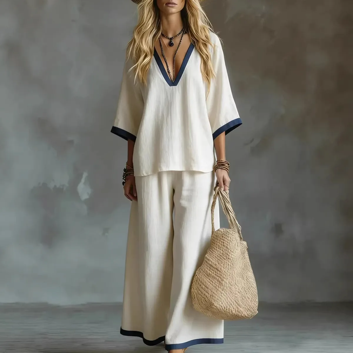 Women's Contrast Trim V Neck Half Sleeve 2 Piece Outfit Loose Blouse &Wide Leg Pants Solid Linen Casual Summer Beach Vacation
Women's Contrast Trim V Neck Half Sleeve 2 Piece Outfit Loose Blouse &Wide Leg Pants Solid Linen Casual Summer Beach Vacation