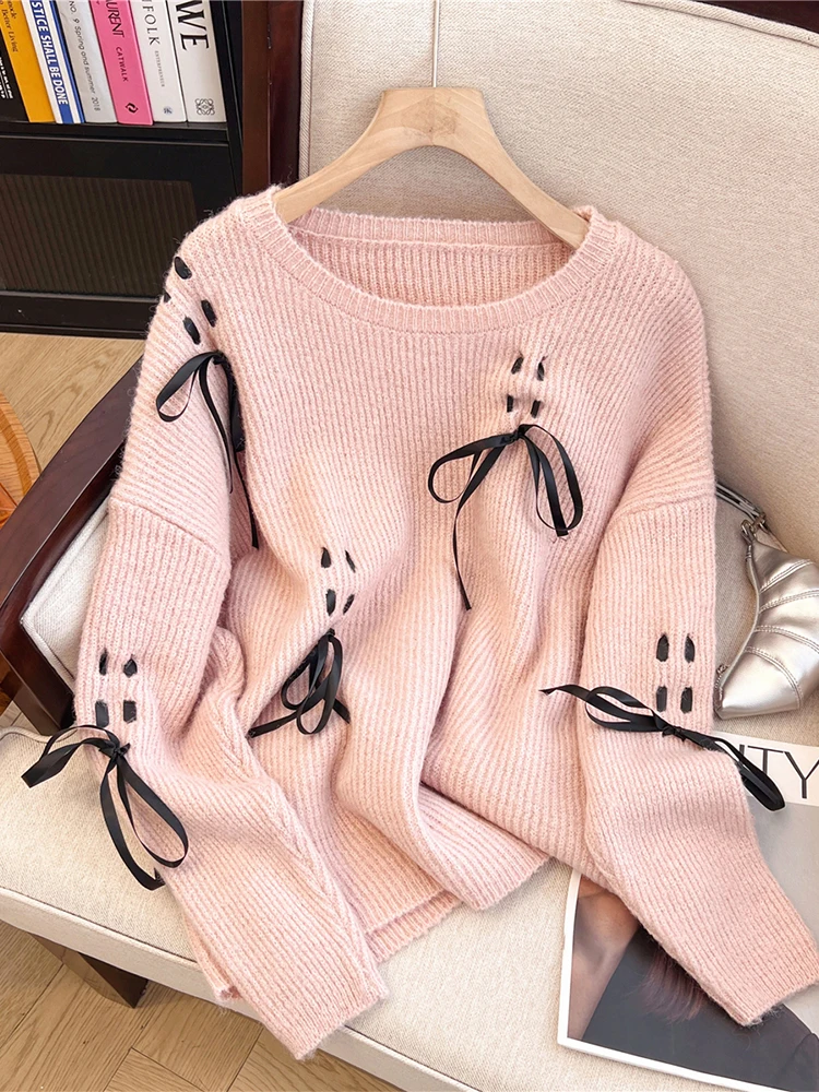 Women's Pink Pullover Cashmere Lace-up Bow Sweater Harajuku Y2k Long Sleeve O-Neck Knitted Sweaters Vintage 2000s Clothes Autumn
Women's Pink Pullover Cashmere Lace-up Bow Sweater Harajuku Y2k Long Sleeve O-Neck Knitted Sweaters Vintage 2000s Clothes Autumn