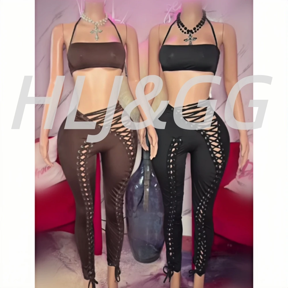 HLJ Sexy Bandage Patchwork 2 Pieces Set for Woman Outfits Solid Halter Sleeveless Backless Crop Tops + Pants Female Streetwear
HLJ Sexy Bandage Patchwork 2 Pieces Set for Woman Outfits Solid Halter Sleeveless Backless Crop Tops + Pants Female Streetwear