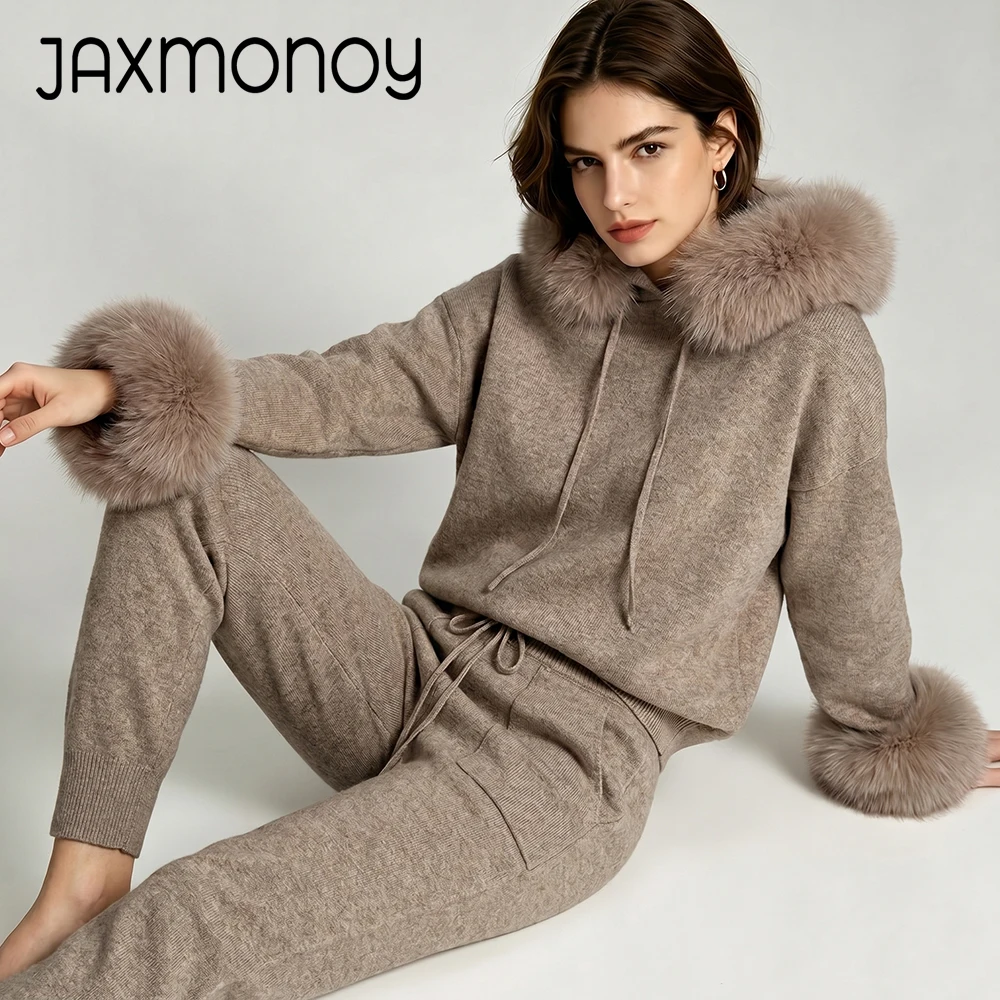 Jaxmonoy Women's Sweaters Pullovers and Knitted Pants Two Pieces Sets Luxury Fox Fur Collar Cuffs Hooded Knit Tops Female Fall
Jaxmonoy Women's Sweaters Pullovers and Knitted Pants Two Pieces Sets Luxury Fox Fur Collar Cuffs Hooded Knit Tops Female Fall